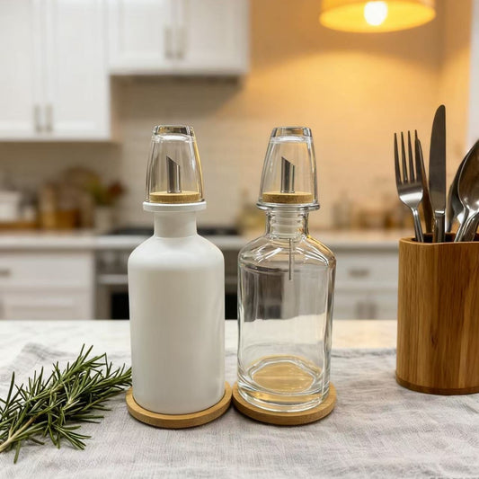 Bathroom Glass Mouthwash Dispenser – 350ml Set with Bamboo Tray