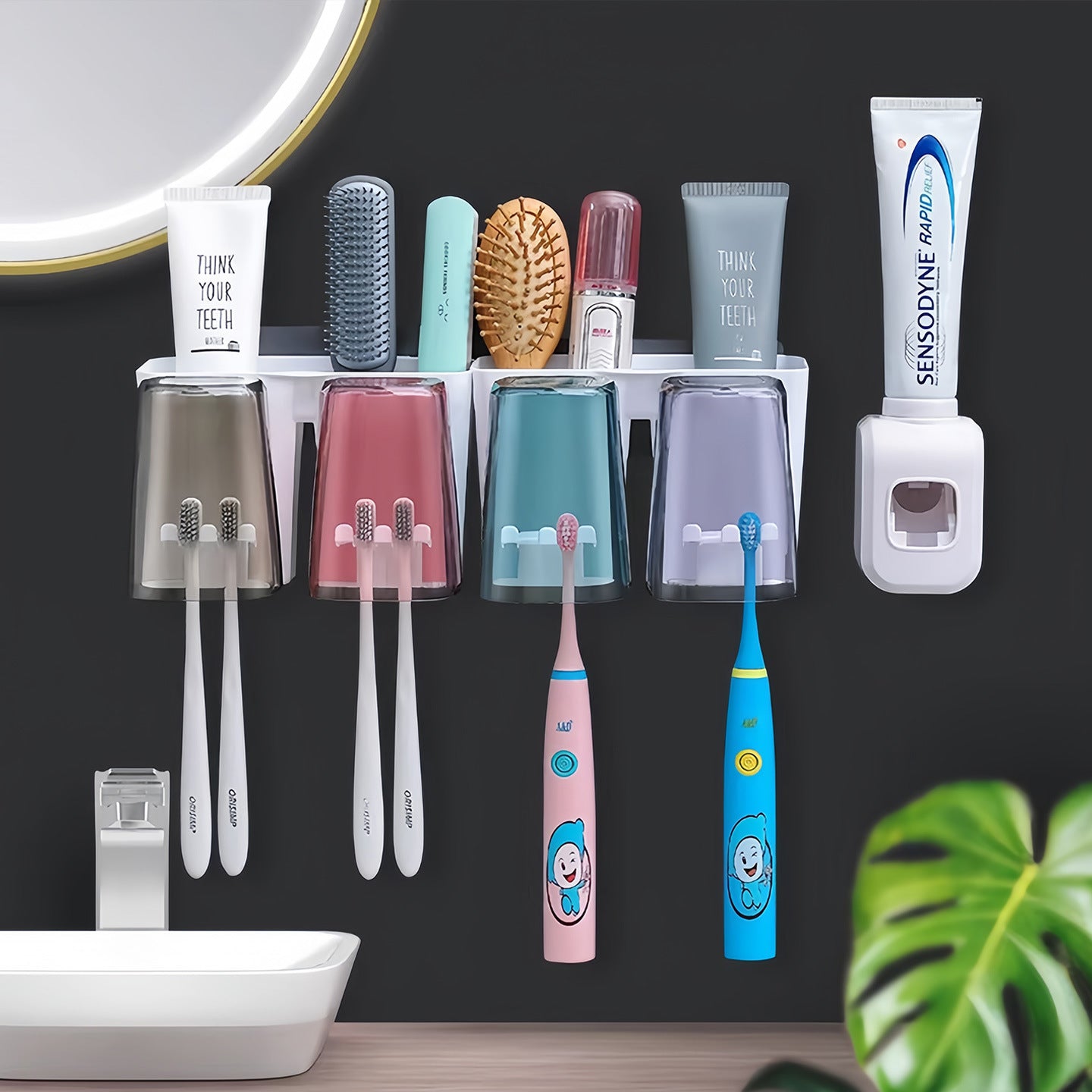 Plastic Bathroom Organizer – No-Drill Toothbrush Holder & Cup Set