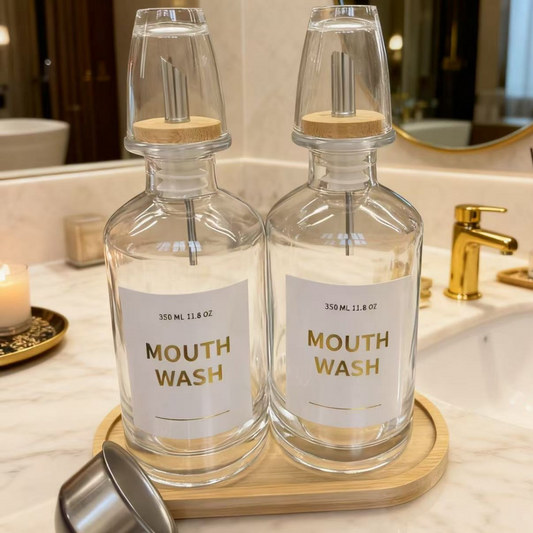 Bathroom Glass Mouthwash Dispenser – 350ml Set with Bamboo Tray