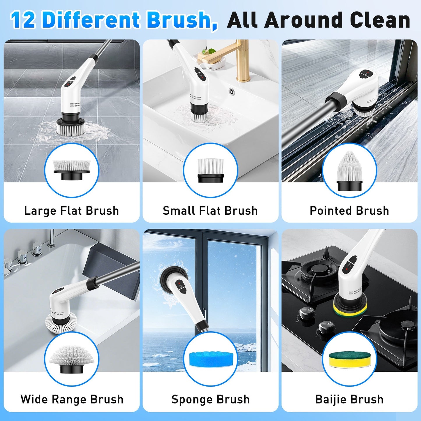 Multifunction Electric Bathroom Scrubber – Cordless 12-in-1 Spin Scrubber