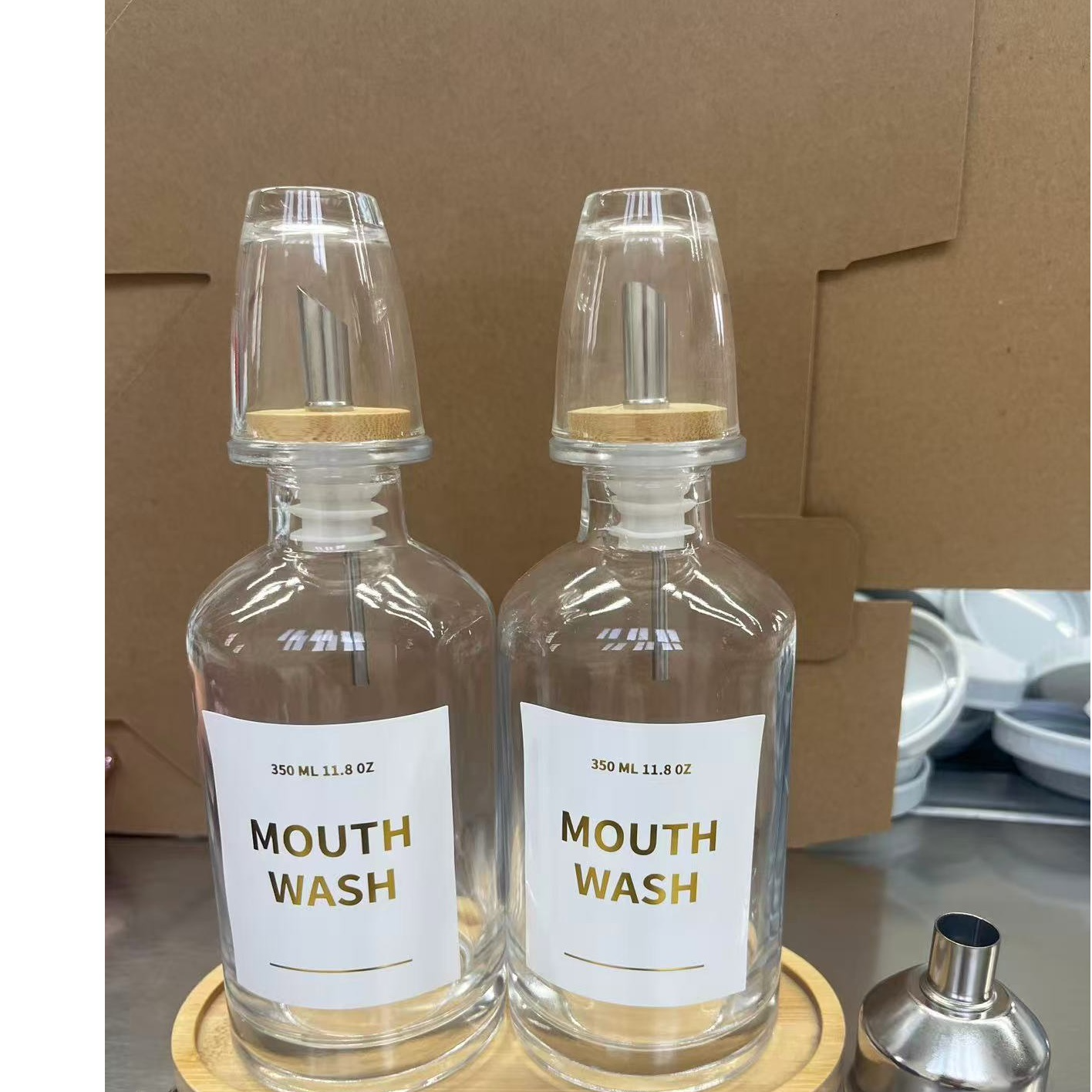 Bathroom Glass Mouthwash Dispenser – 350ml Set with Bamboo Tray